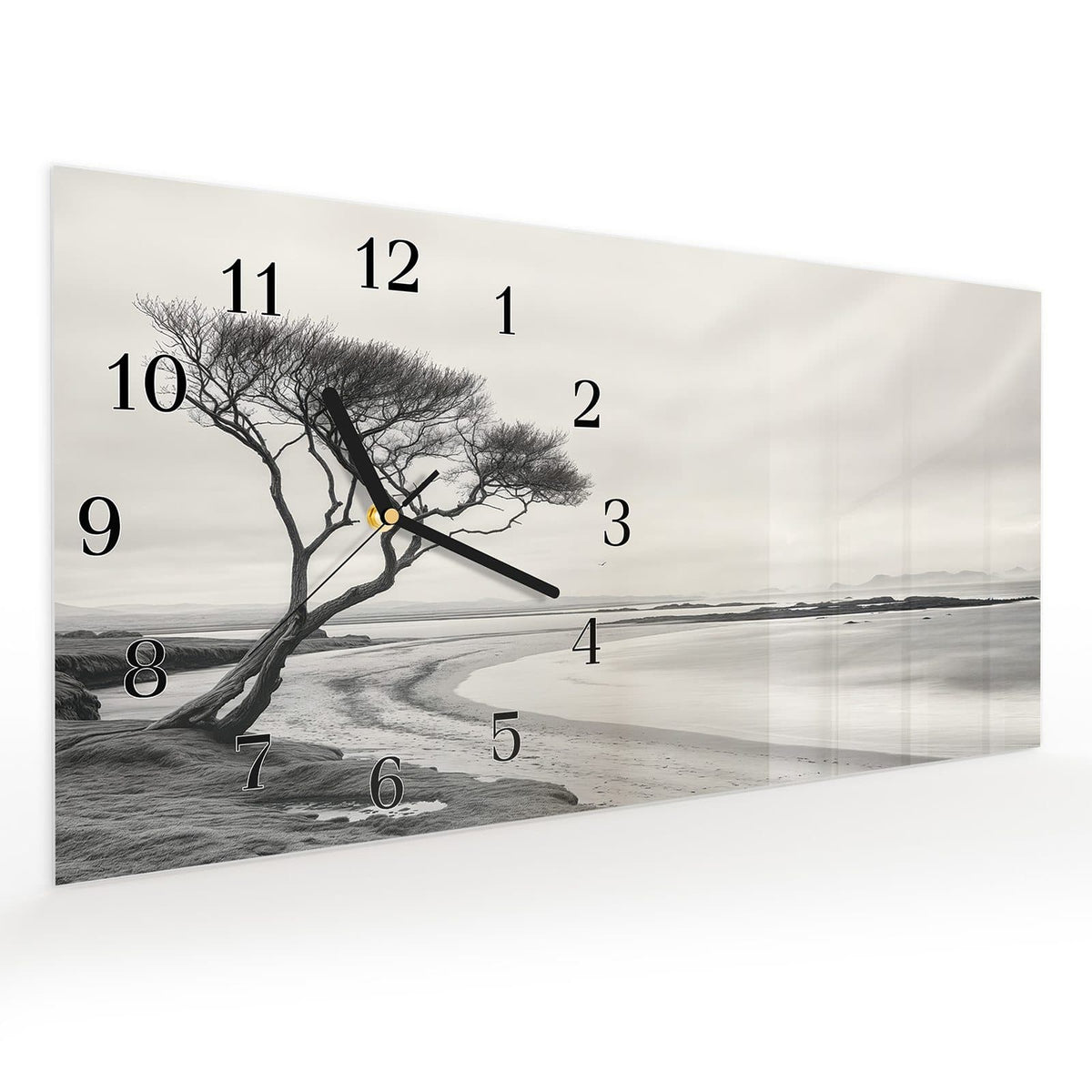 Vormontiert – mit Schwebeeffekt – Wanduhr Einsamer Baum am Meer aus Glas – Querformat 60 × 30 cm