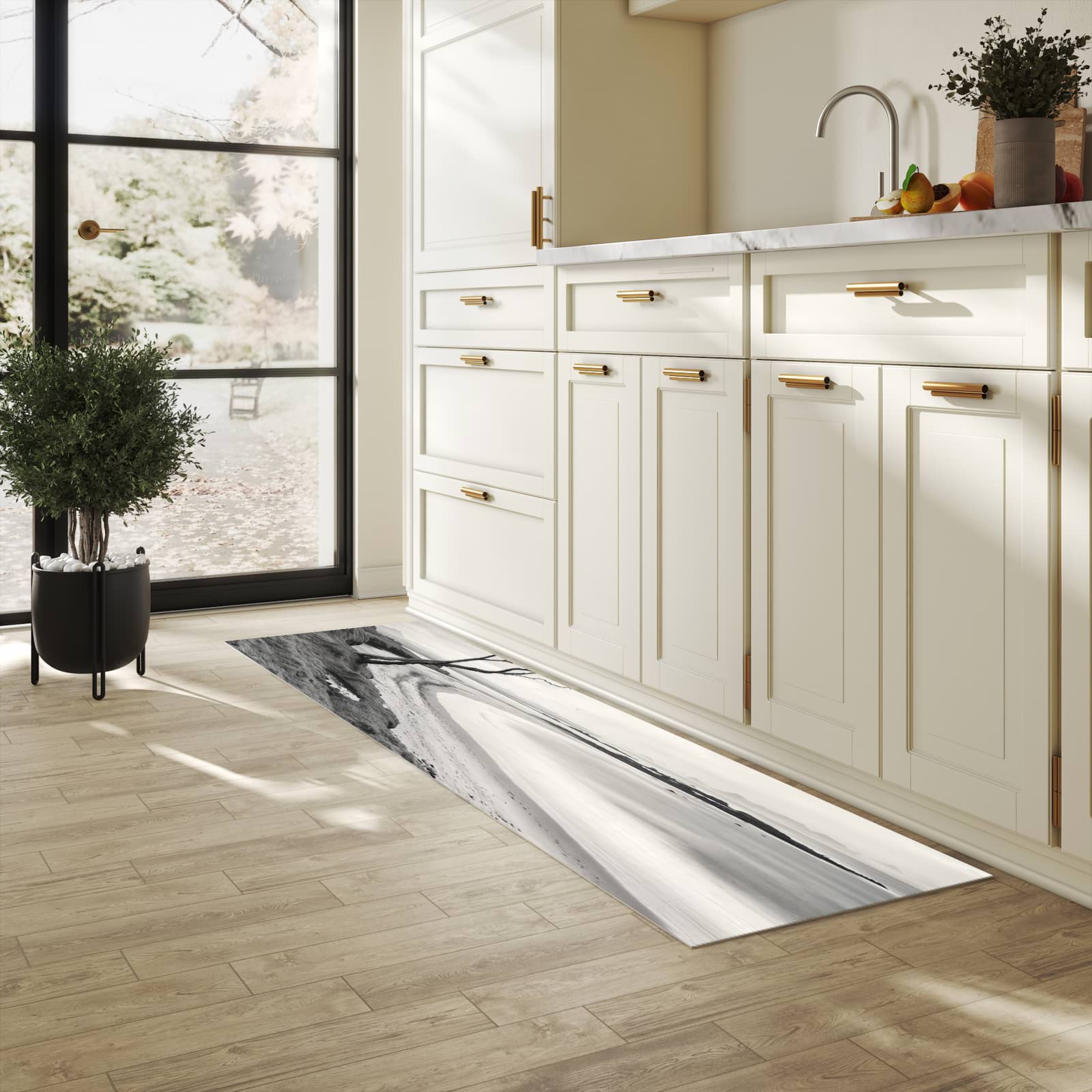 Langlebiger dünner Küchenteppich mit Motiv Einsamer Baum am Meer in heller Küche