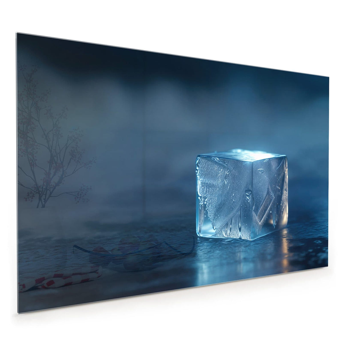 Küchenrückwand aus Glas im Hochformat: Ein einzelner leuchtender Eiswürfel auf nasser Fläche vor blauem Dunst