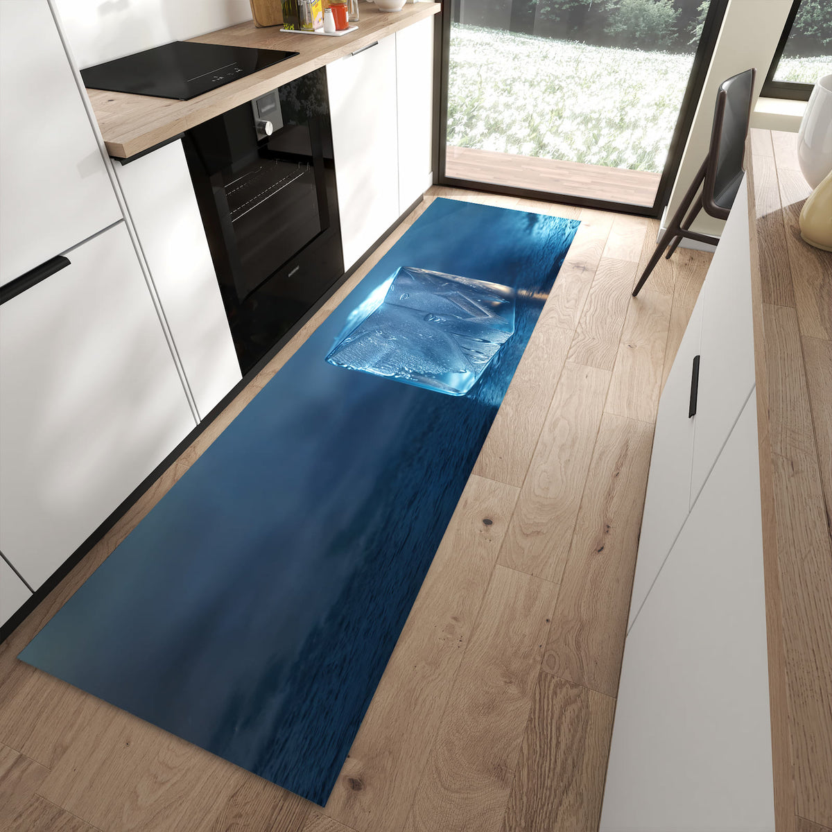 Wasserabweisender Küchenläufer mit Motiv Eiswürfel in moderner Küche