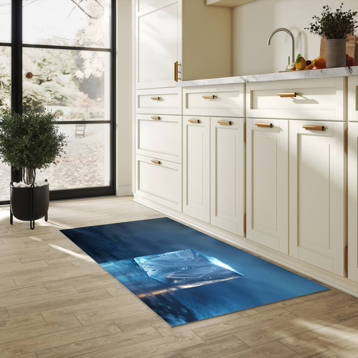 Hygienischer moderner Küchenläufer mit Motiv Eiswürfel in heller Küche