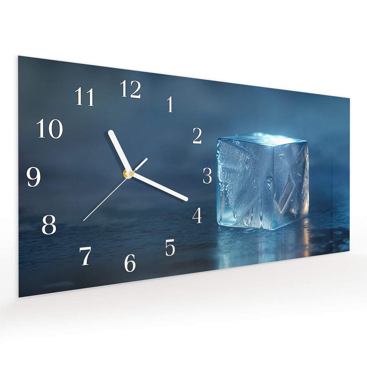 Vormontiert – mit Schwebeeffekt – Wanduhr Blaue Eiswürfel aus Glas – Querformat 60 × 30 cm