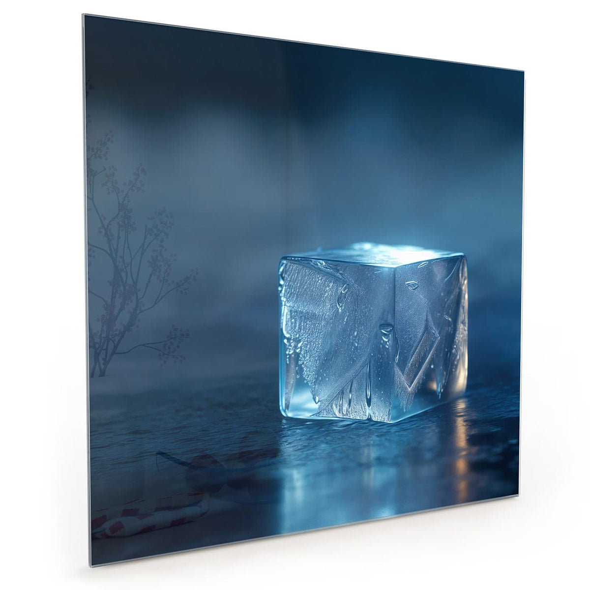 Küchenrückwand aus Glas im quadratischen Format: Ein einzelner leuchtender Eiswürfel auf nasser Fläche vor blauem Dunst #grösse_50 x 50 cm #grösse_60 x 60 cm #grösse_40 x 40 cm