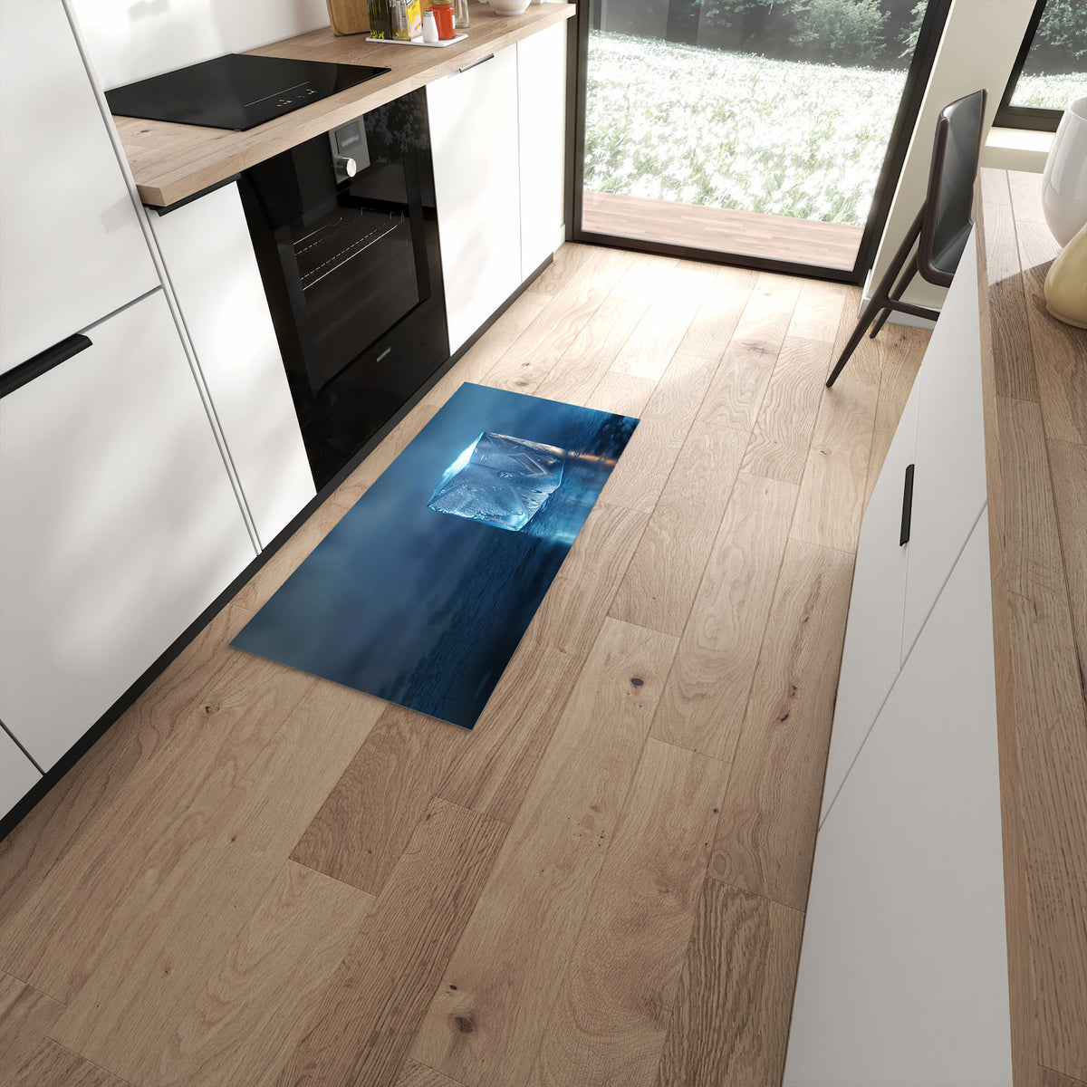 Bodenschonender Küchenläufer mit Motiv Eiswürfel in moderner Küche #grösse_60 x 120 cm
