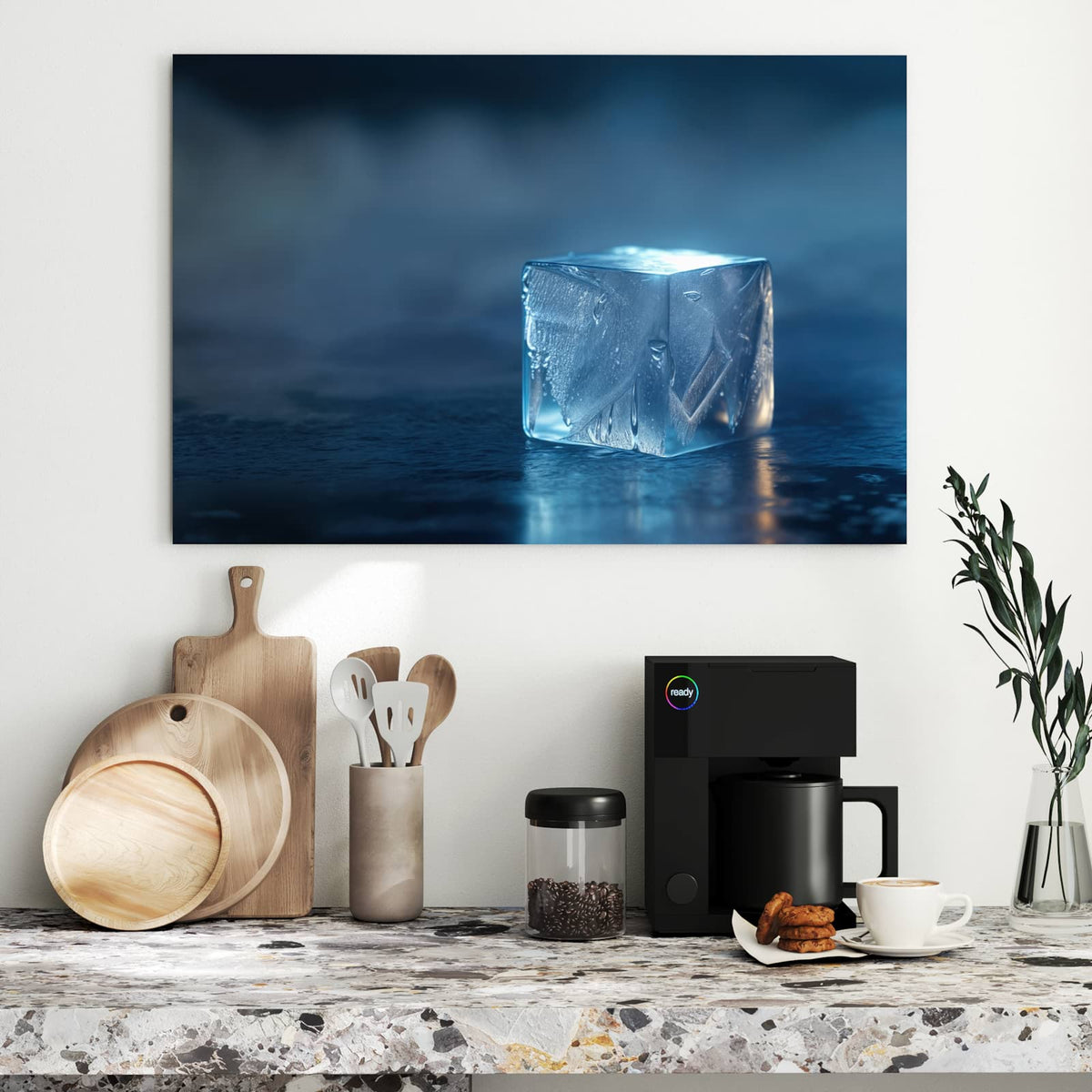 Metall Magnettafel - Blauer Eiswürfel – Einzelner Eiswürfel im blauen Dunst