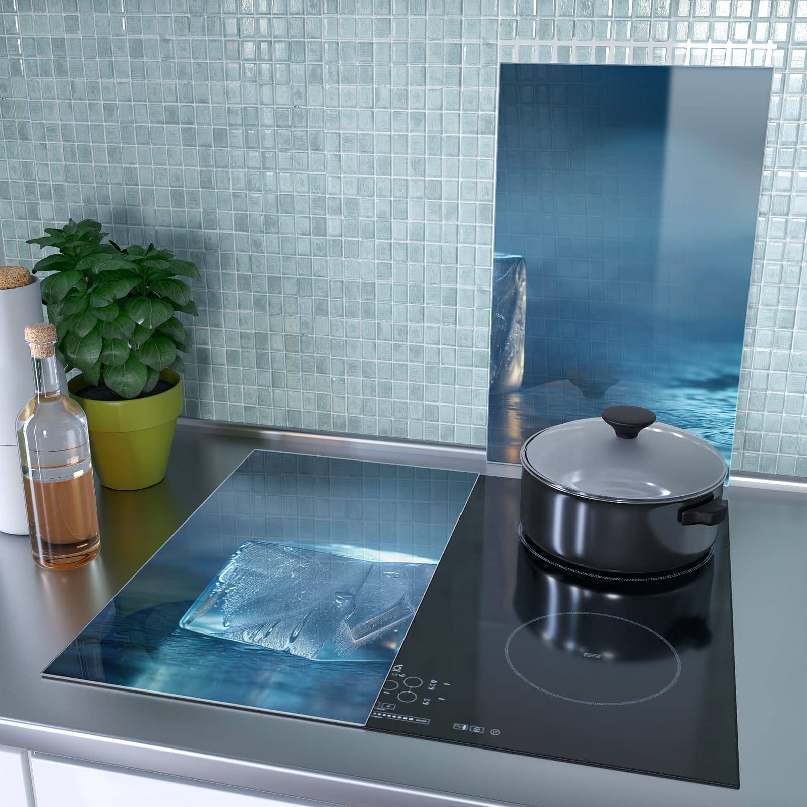 2-teilige Abdeckplatten für Ceranfeld mit Eiswürfel-Motiv als Spritzschutz hinter dem Kochfeld