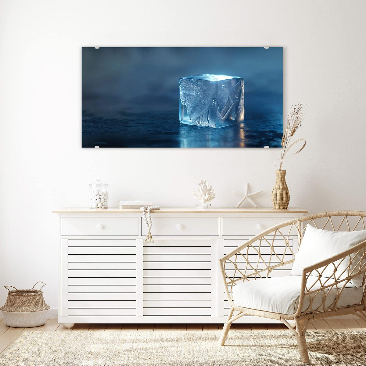 Echtglas, 4 mm – kein Acryl, keine Folie – Wandbild - Blauer Eiswürfel - Querformat