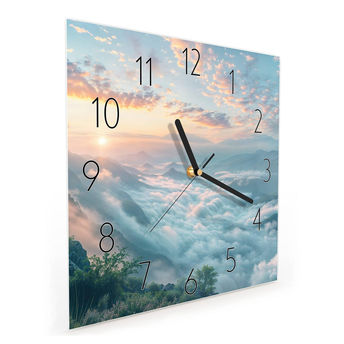 Quadratische Wanduhr aus Glas Wolkenmeer am Morgen schräg von der Seite, 4 mm starkes Glas