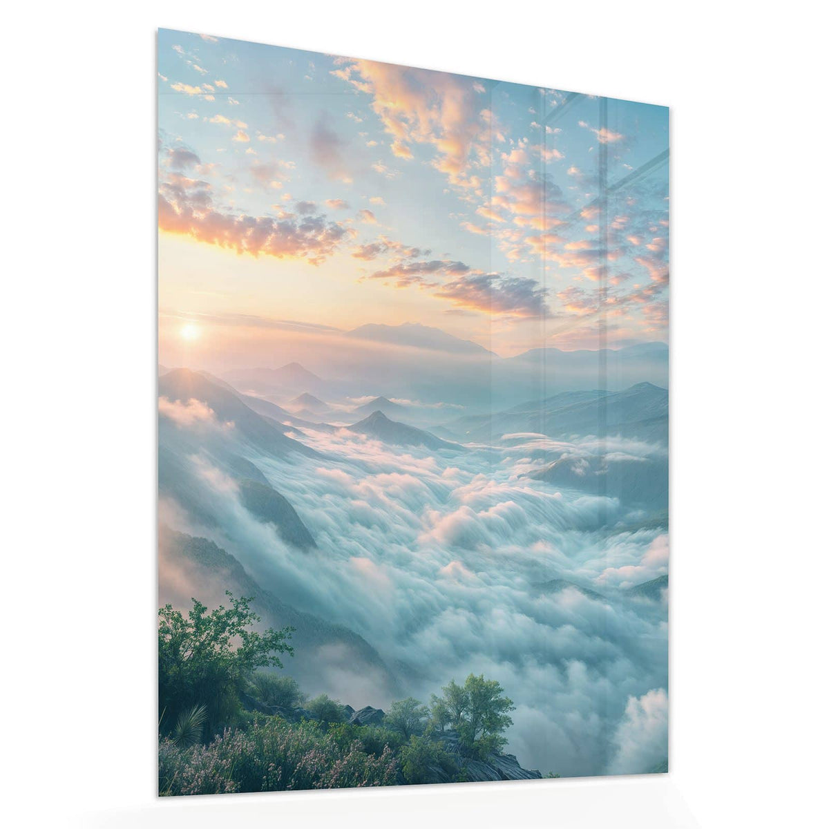 Echtglas, 4 mm – kein Acryl, keine Folie – Wandbild - Wolkenmeer am Morgen - Hochformat