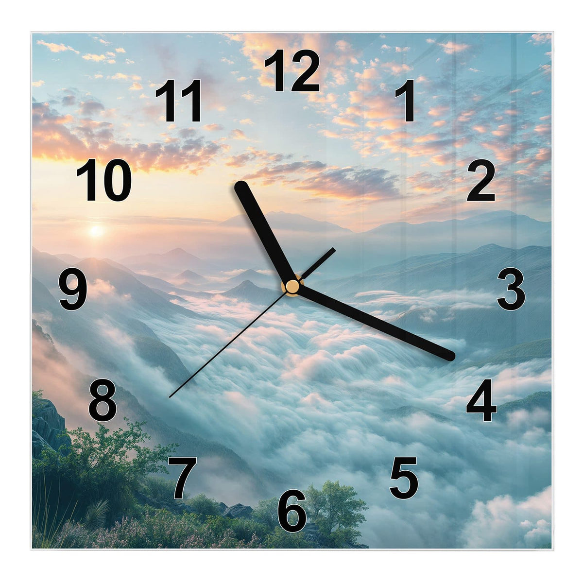 Wanduhr aus Glas, Ziffernblatt Modern mit Motiv Wolkenmeer am Morgen: Sonnenaufgang über Bergketten, die Täler vollständig mit einem Wolkenmeer gefüllt #ziffernblatt_Modern