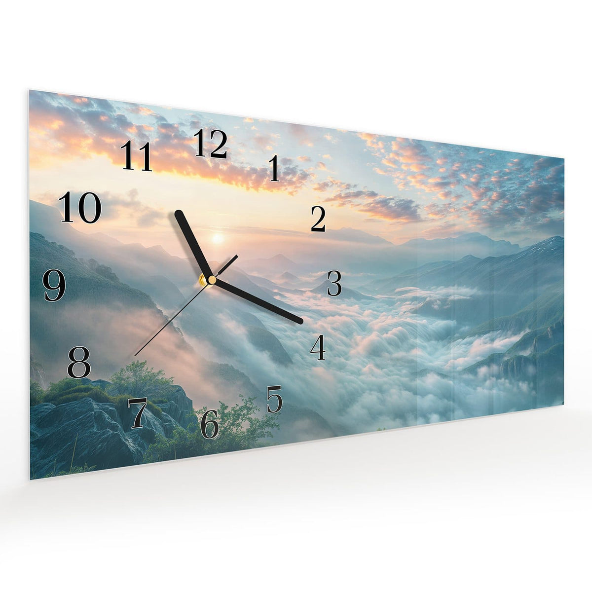 Vormontiert – mit Schwebeeffekt – Wanduhr Morgennebel in Bergen aus Glas – Querformat 60 × 30 cm
