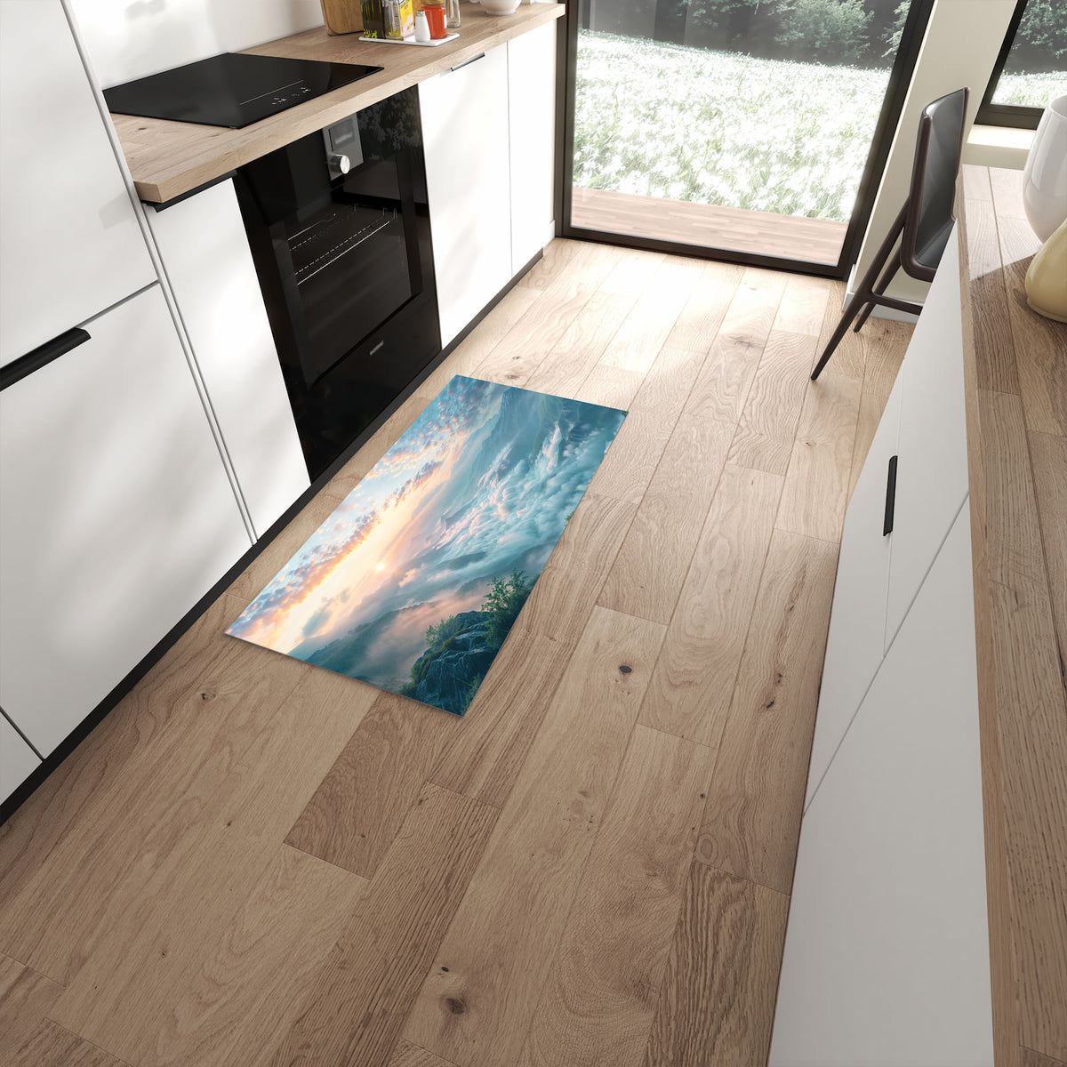 Flacher Küchenläufer mit Motiv Morgennebel in Bergen in moderner Küche #grösse_60 x 120 cm