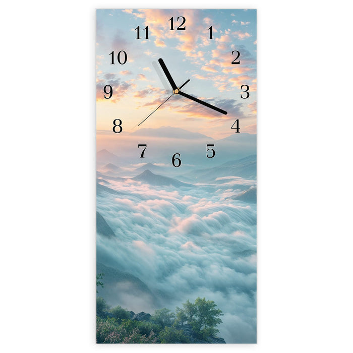 Wanduhr Morgennebel in Bergen aus Glas – Hochformat 30 × 60 cm mit Ziffernblatt Klassisch