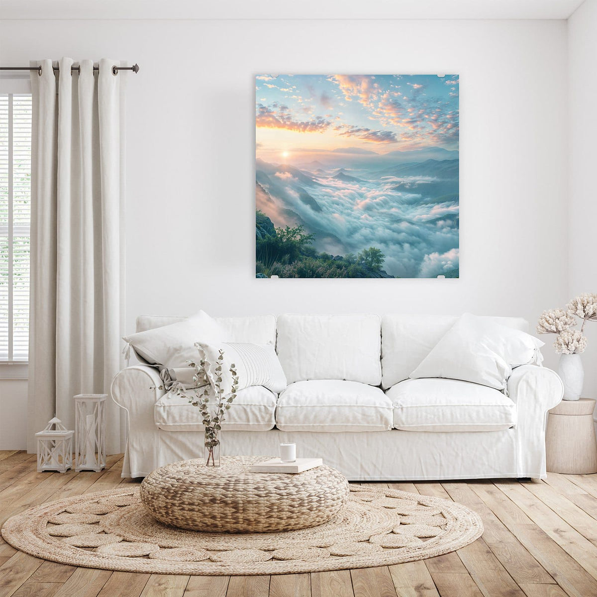 Glasbild Wolkenmeer am Morgen an der Wand – Sonnenaufgang über Bergketten, die Täler vollständig mit einem Wolkenmeer gefüllt