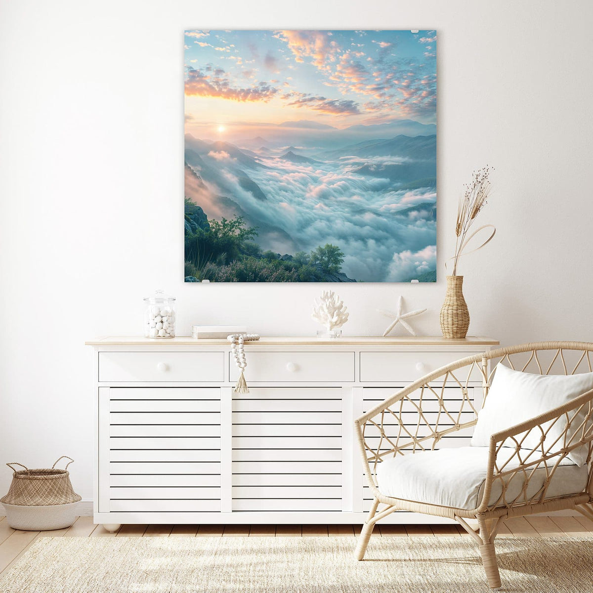 Glasbild Wolkenmeer am Morgen an der Wand – Sonnenaufgang über Bergketten, die Täler vollständig mit einem Wolkenmeer gefüllt