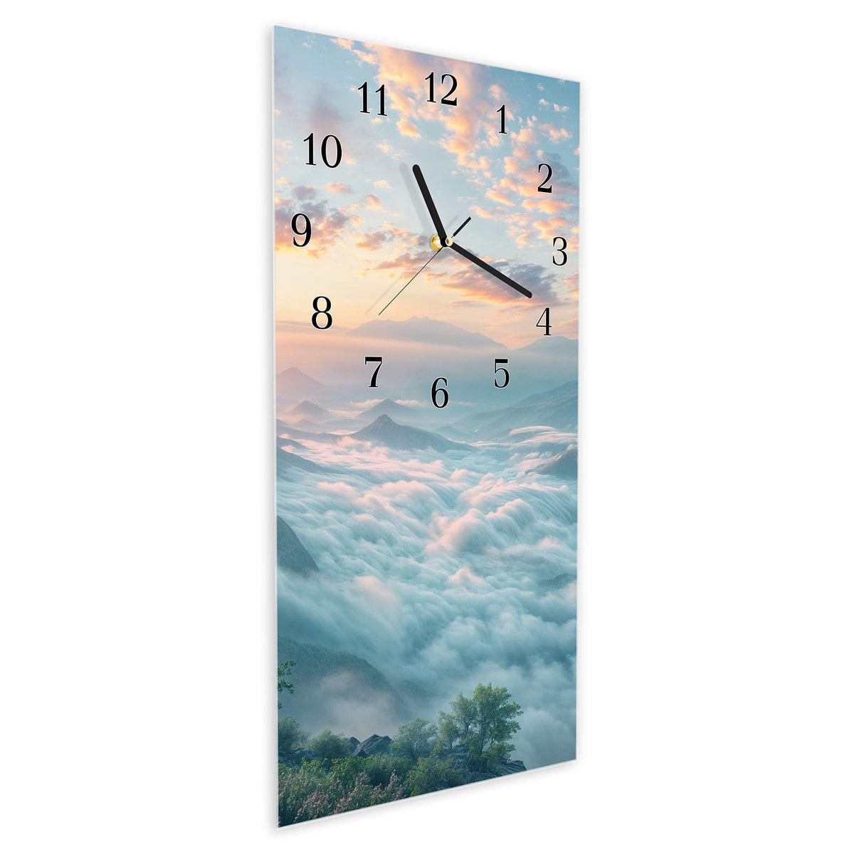 Vormontiert – mit Schwebeeffekt – Wanduhr Morgennebel in Bergen aus Glas – Hochformat 30 × 60 cm