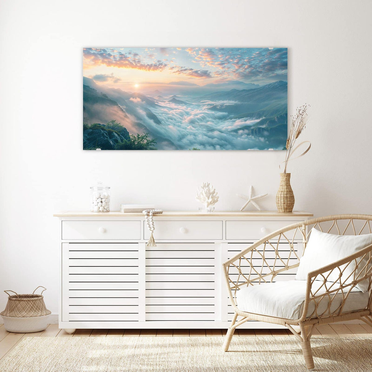 Echtglas, 4 mm – kein Acryl, keine Folie – Wandbild - Wolkenmeer am Morgen - Querformat