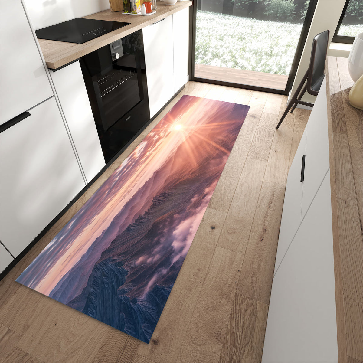 Wasserabweisender Teppich für die Küche mit Motiv Sonnenaufgang Berge in moderner Küche