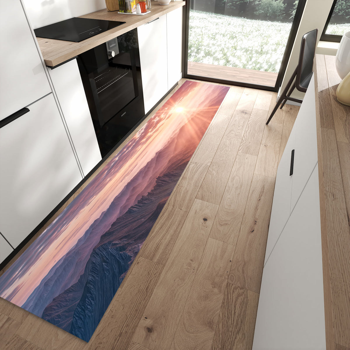Abriebfester Küchenteppich mit Motiv Sonnenaufgang Berge in moderner Küche