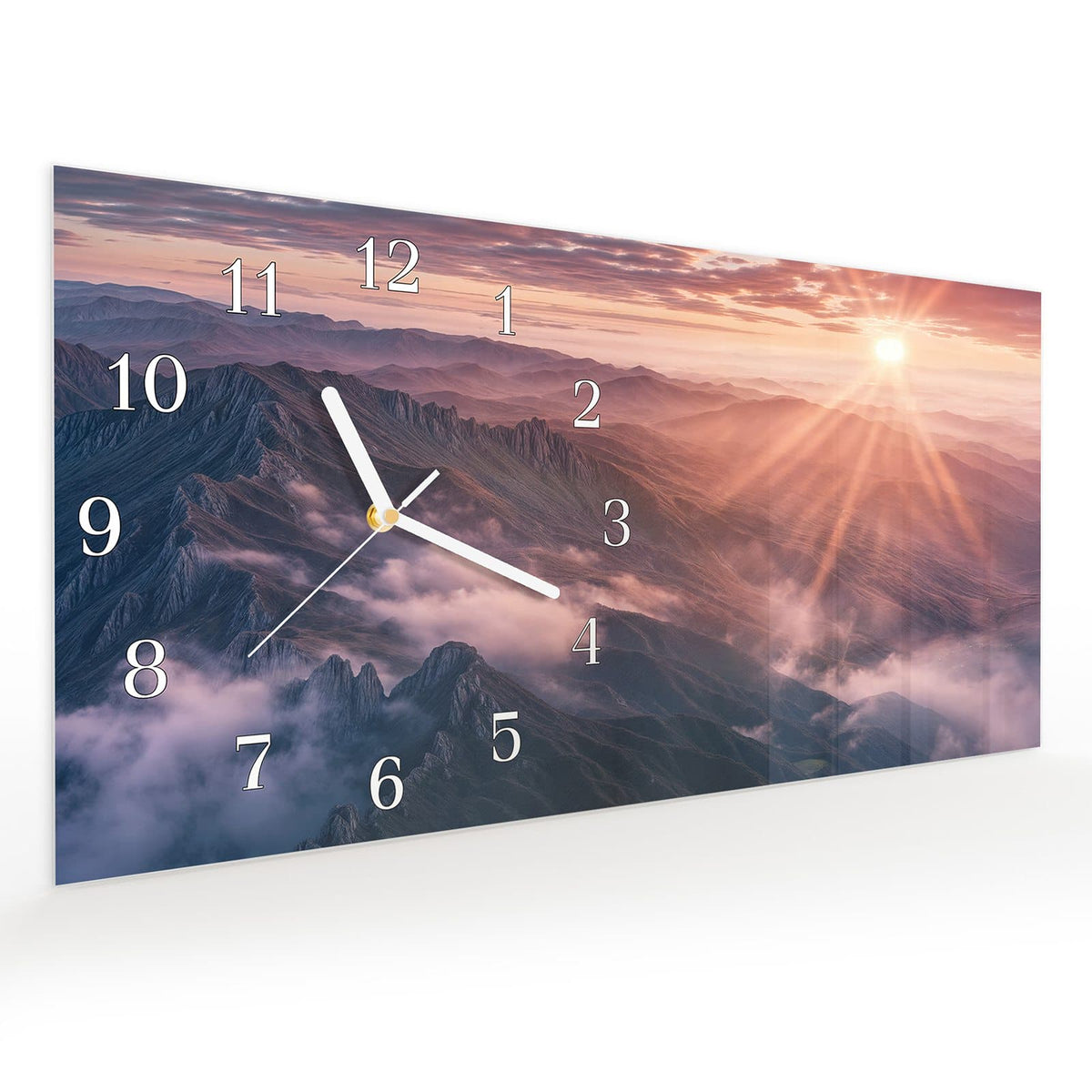 Vormontiert – mit Schwebeeffekt – Wanduhr Sonnenaufgang Berge aus Glas – Querformat 60 × 30 cm