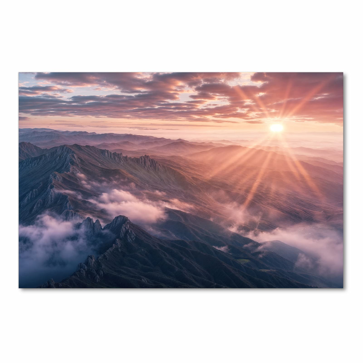 Rutschfester Küchenläufer mit Motiv Sonnenaufgang Berge in Frontansicht für angenehme Haptik