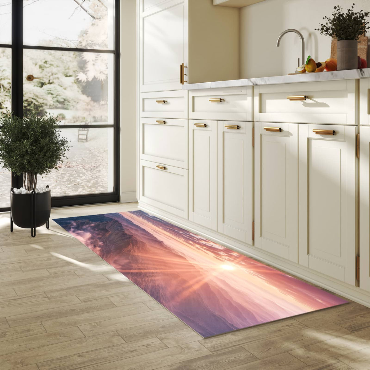 Hygienischer Küchenteppich mit Motiv Sonnenaufgang Berge in heller Küche