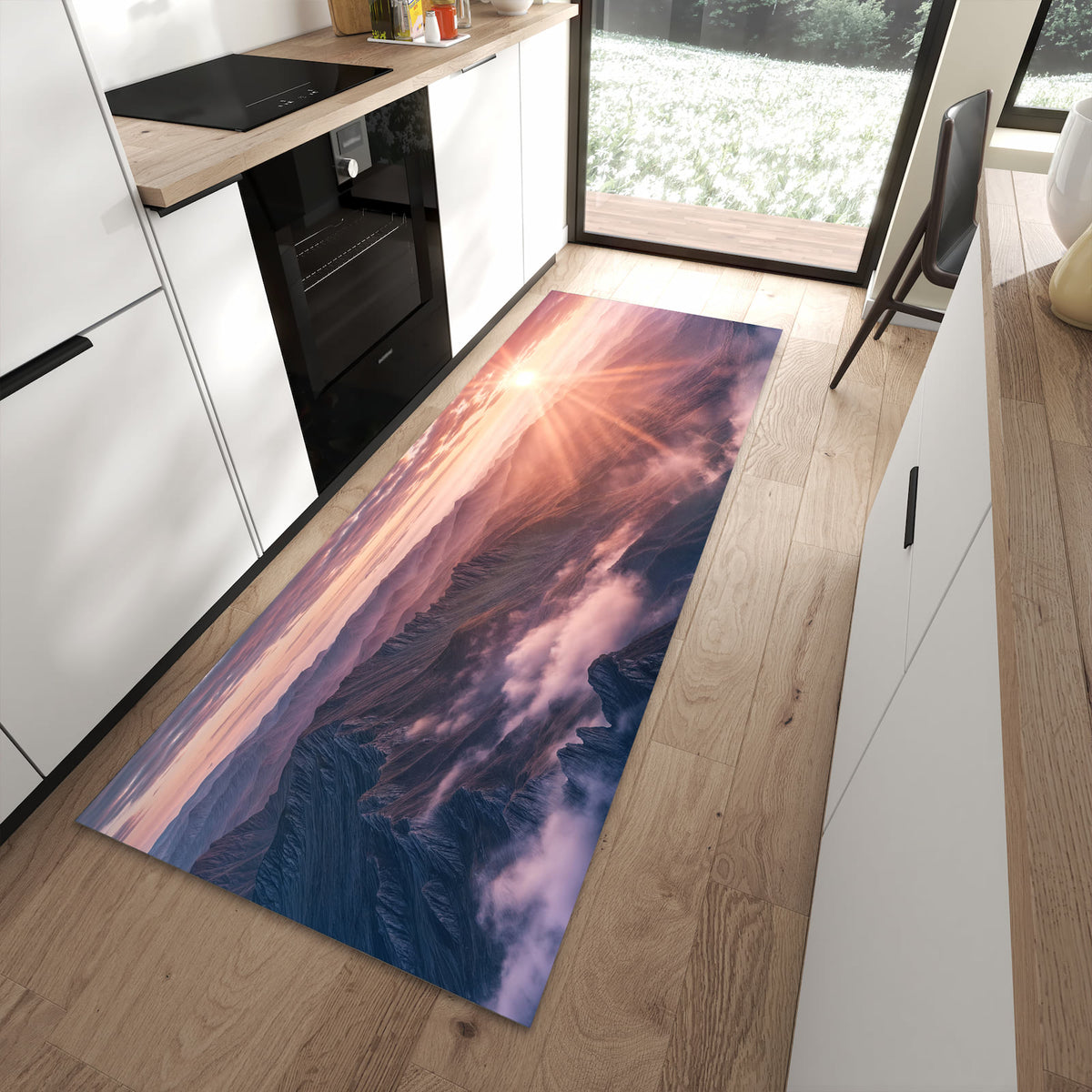 Langlebiger Küchenläufer mit Motiv Sonnenaufgang Berge in moderner Küche