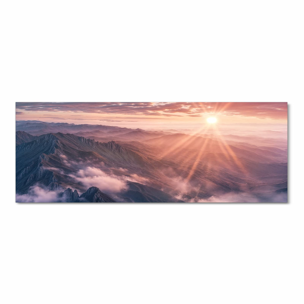 Langlebiger Küchenläufer mit Motiv Sonnenaufgang Berge in Frontansicht für moderne Küchen