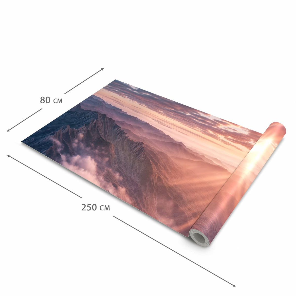Hygienischer Küchenläufer nach Maß mit Motiv Sonnenaufgang Berge in der Größe 60x300 cm