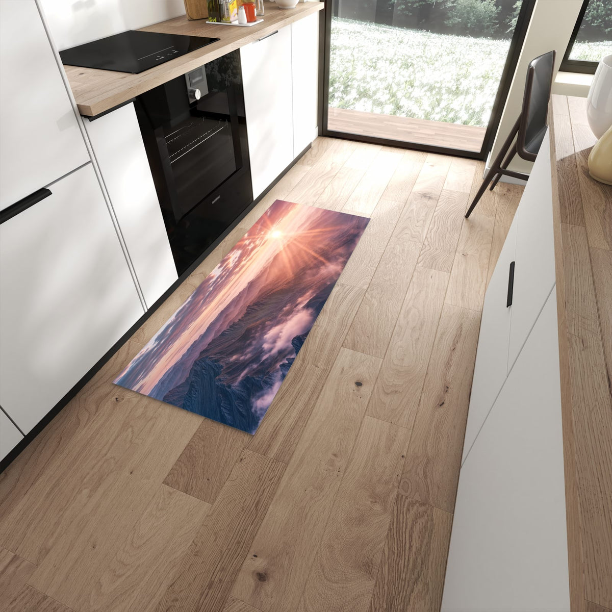 Formstabiler Küchenläufer mit Motiv Sonnenaufgang Berge in moderner Küche #grösse_60 x 150 cm
