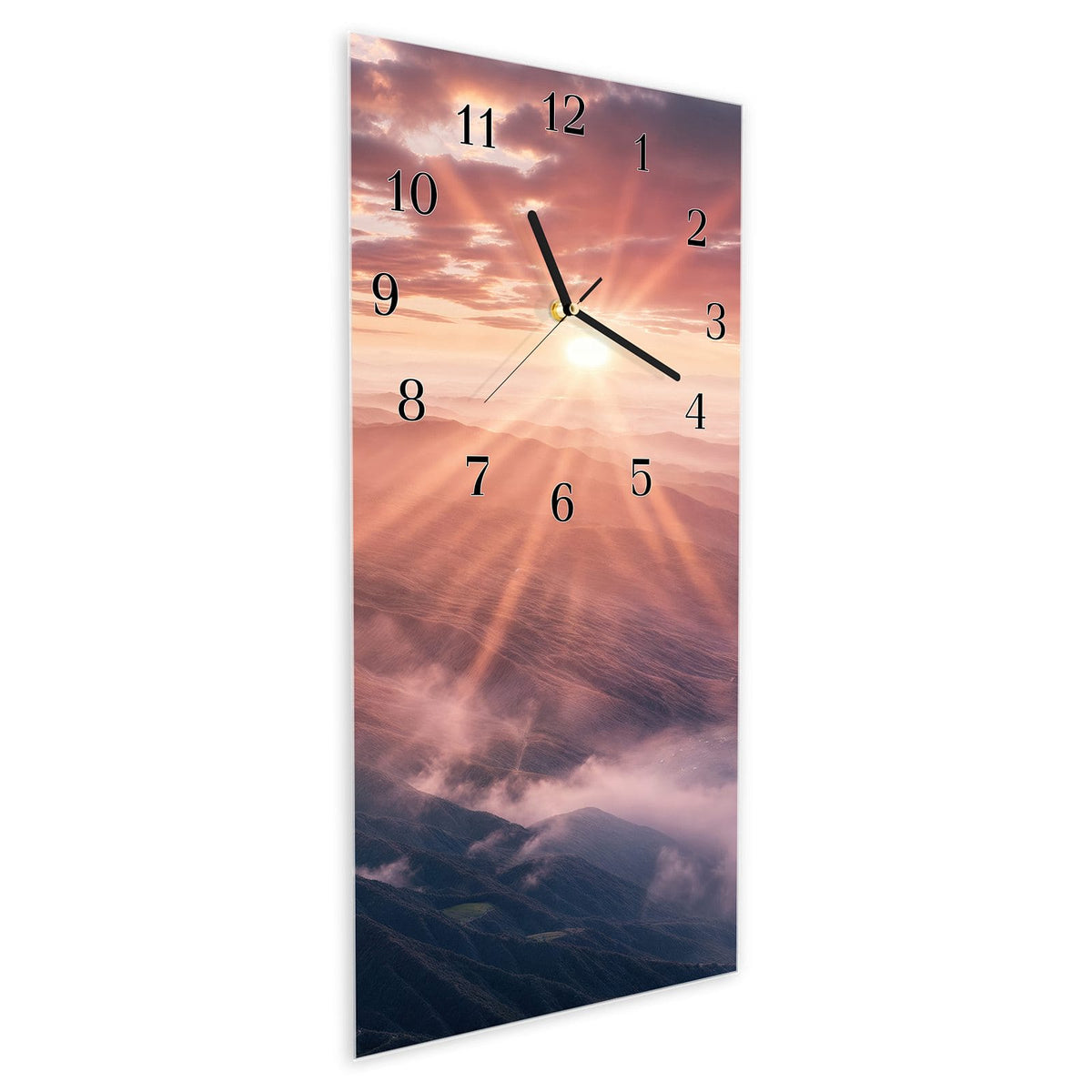 Vormontiert – mit Schwebeeffekt – Wanduhr Sonnenaufgang Berge aus Glas – Hochformat 30 × 60 cm
