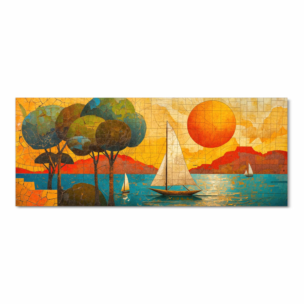 Mosaikbild aus Bruchstücken: zwei Segelboote, große orange Sonne, Bäume am Ufer