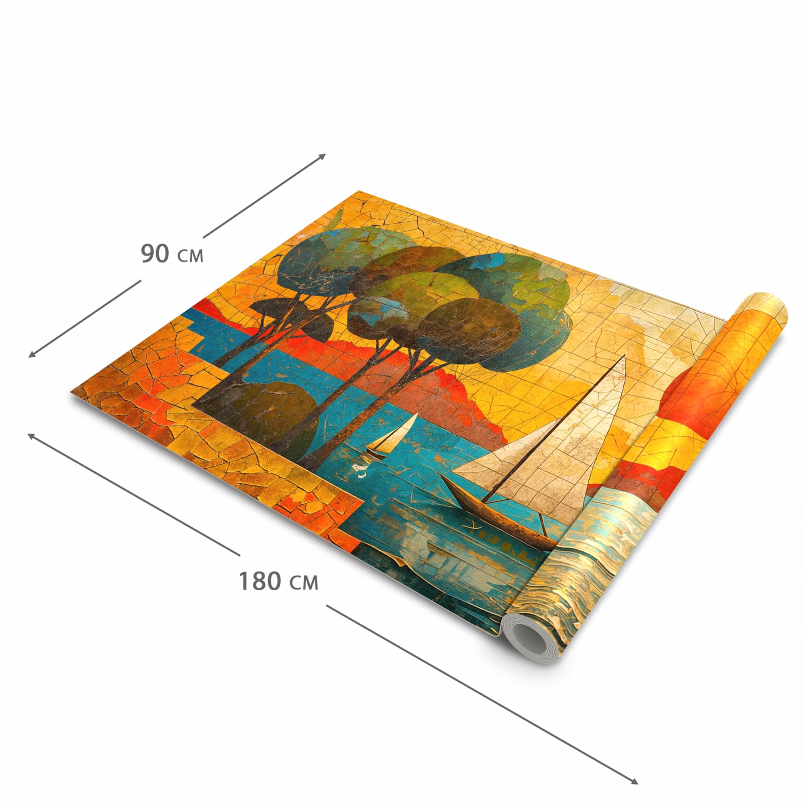 Fleckenresistenter waschbarer Küchenteppich mit Motiv Segelboot im Sonnenuntergang in der Grösse 60x300 cm