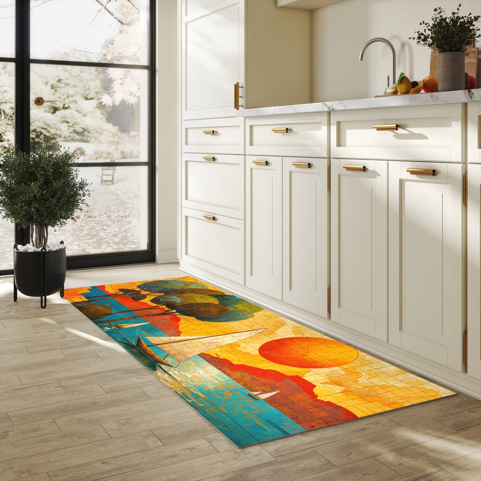 Schmutzabweisender Küchenläufer mit Motiv Segelboot im Sonnenuntergang in heller Küche