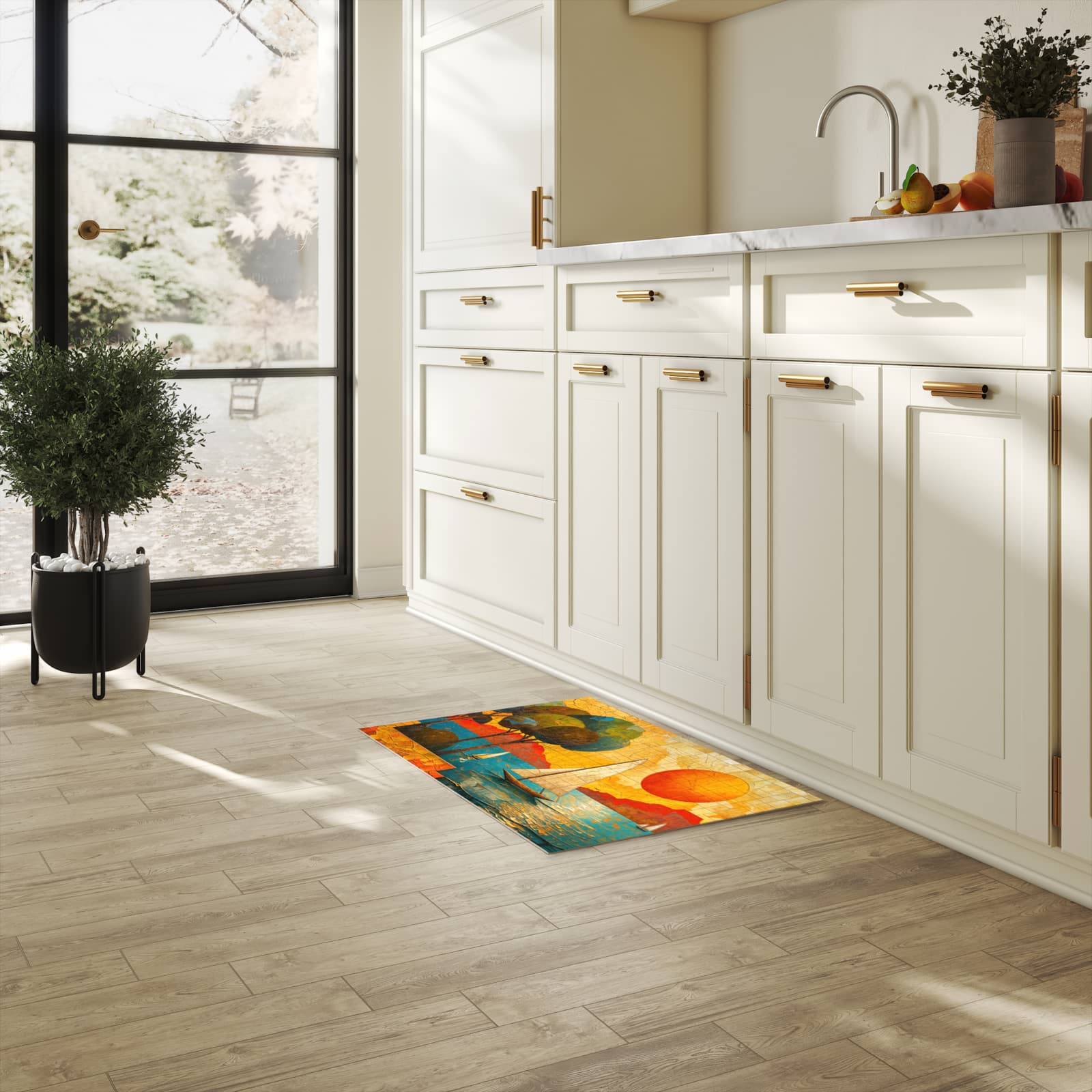 Geräuschdämpfender Küchenläufer mit Motiv Segelboot im Sonnenuntergang in heller Küche