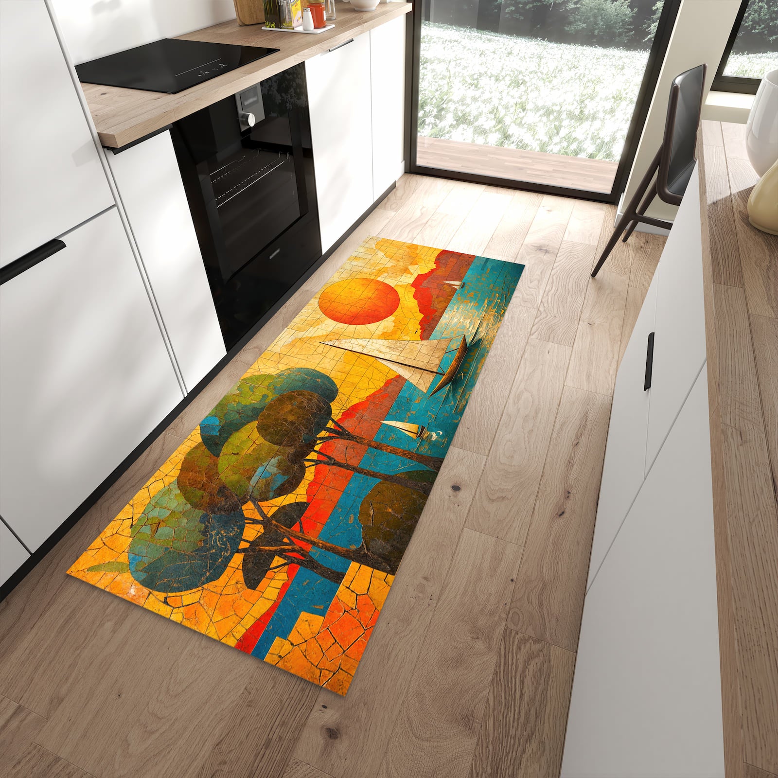 Langlebiger rutschfester Küchenläufer mit Motiv Segelboot im Sonnenuntergang in moderner Küche