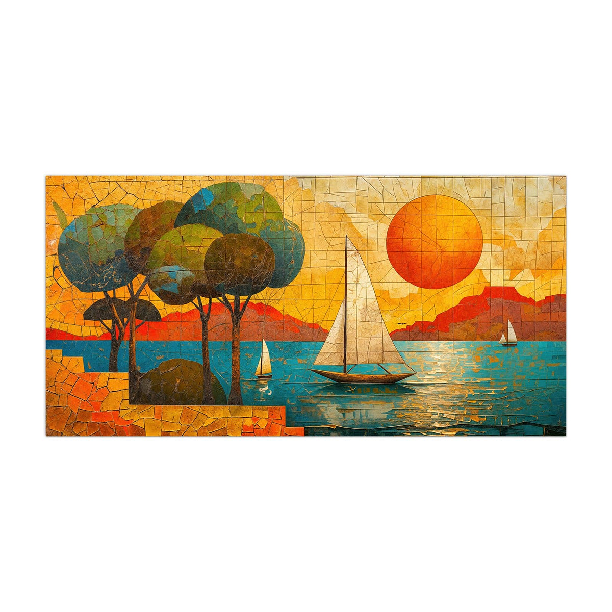 Küchenrückwand aus Glas Segelboote im Mosaik im Hochformat, Motiv bildfüllend von vorn