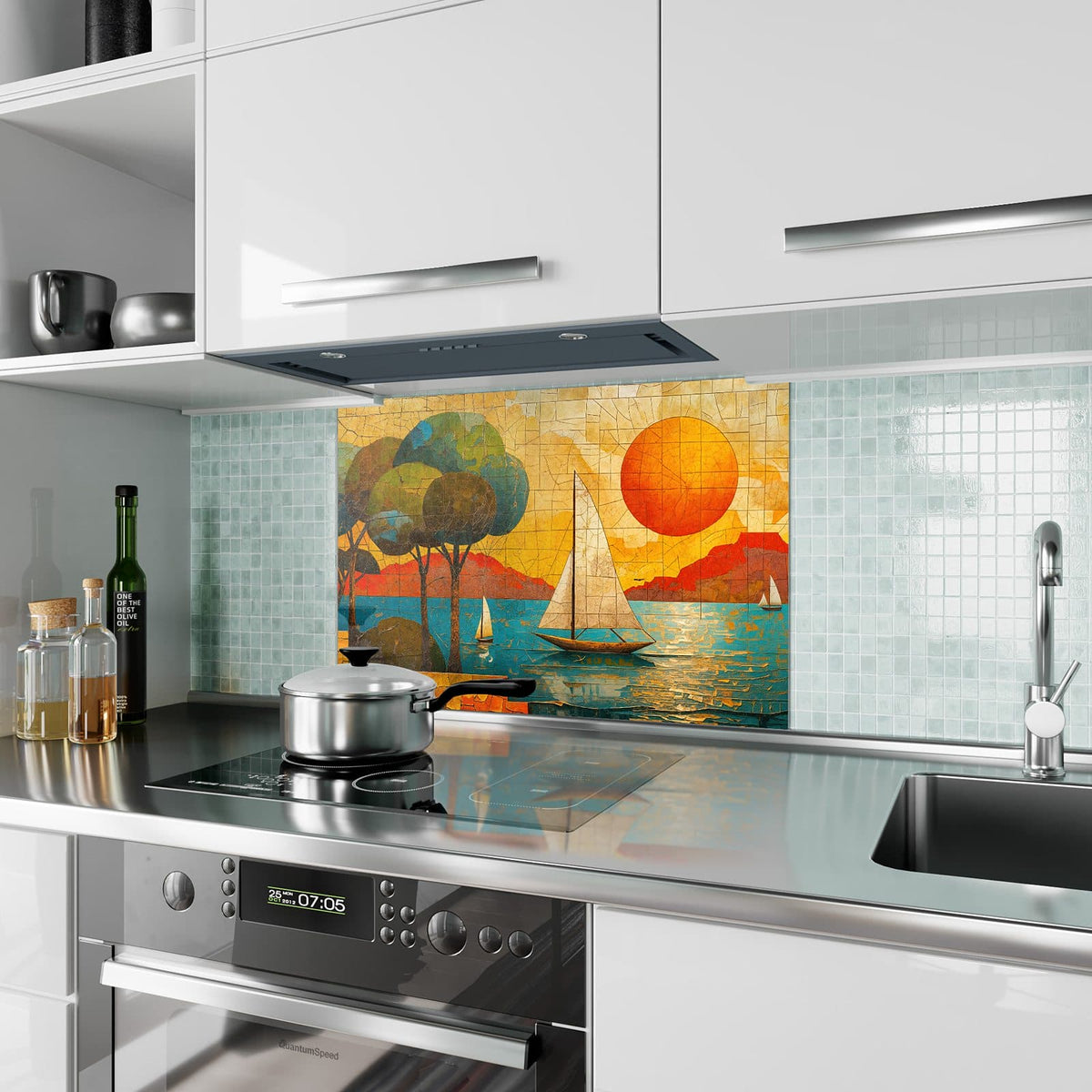 Küchenrückwand aus Glas Segelboote im Mosaik im Hochformat als Spritzschutz hinter dem Kochfeld, über dem Fliesenspiegel montiert