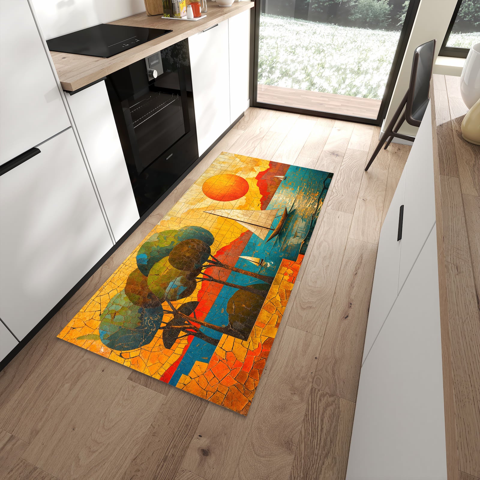 Ordnungsschaffender Küchenläufer mit Motiv Segelboot im Sonnenuntergang in moderner Küche