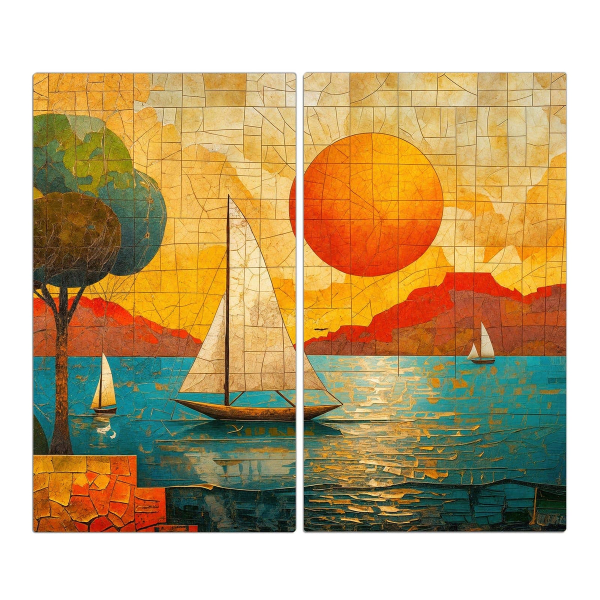 Mosaikbild aus Bruchstücken: zwei Segelboote, große orange Sonne, Bäume am Ufer