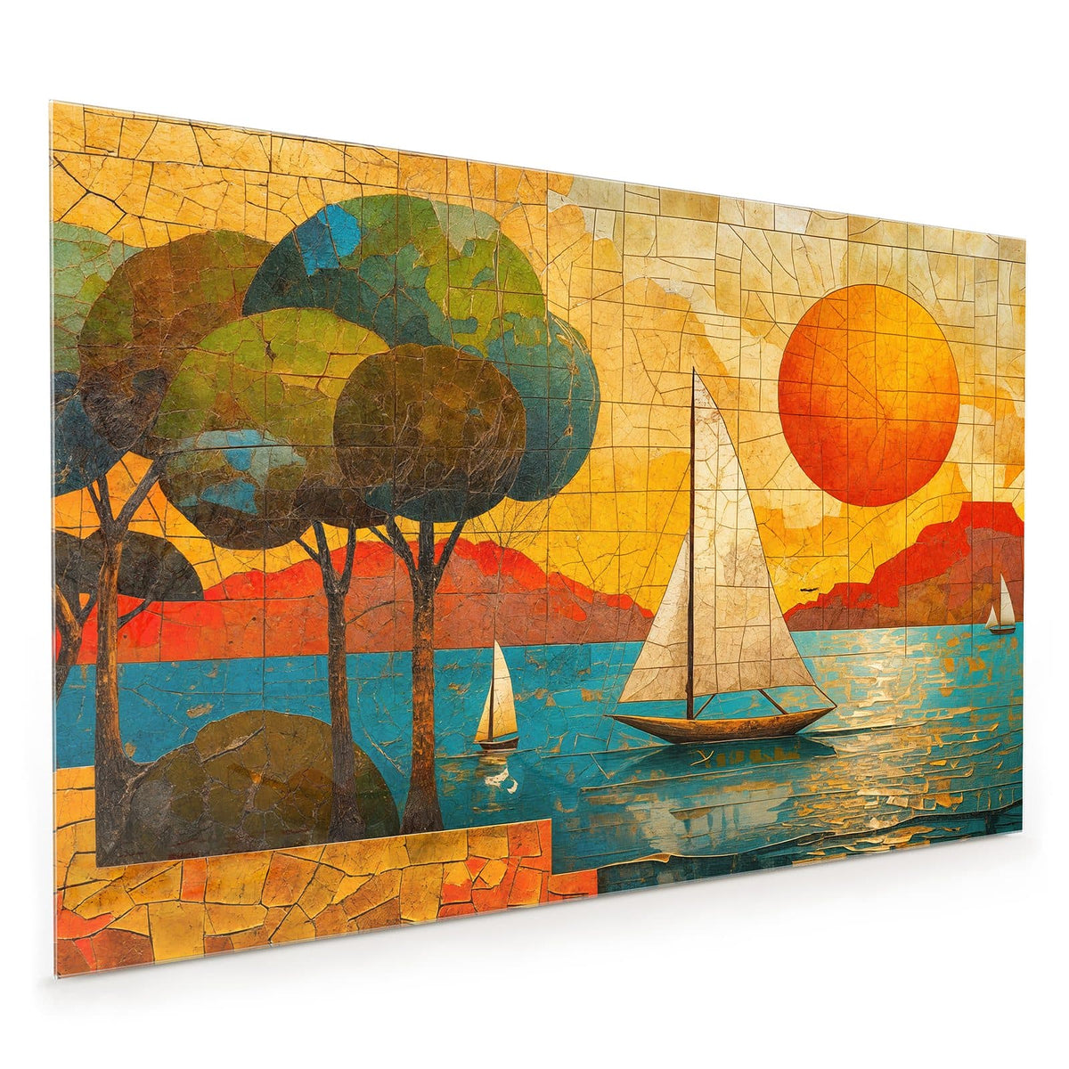Küchenrückwand aus Glas im Hochformat: Mosaikbild aus Bruchstücken: zwei Segelboote, große orange Sonne, Bäume am Ufer