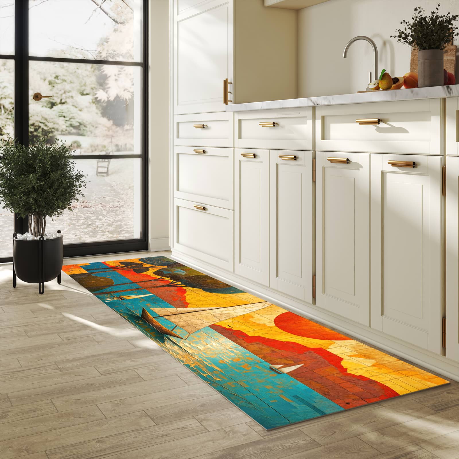 Rutschfester Küchenläufer mit Motiv Segelboot im Sonnenuntergang für Trittkomfort in heller Küche