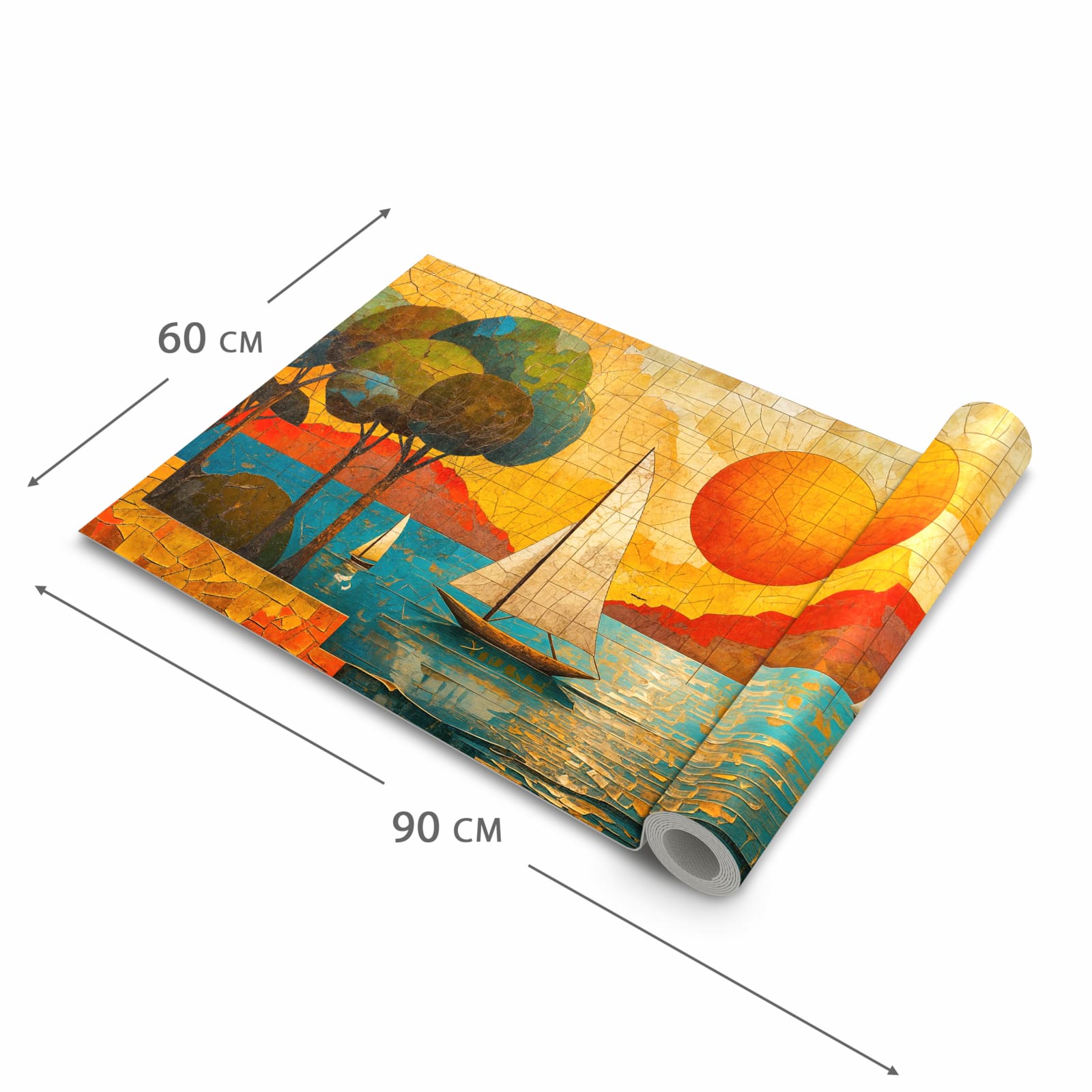 Geräuschdämpfender Küchenteppich mit Motiv Segelboot im Sonnenuntergang in der Grösse 60x300 cm