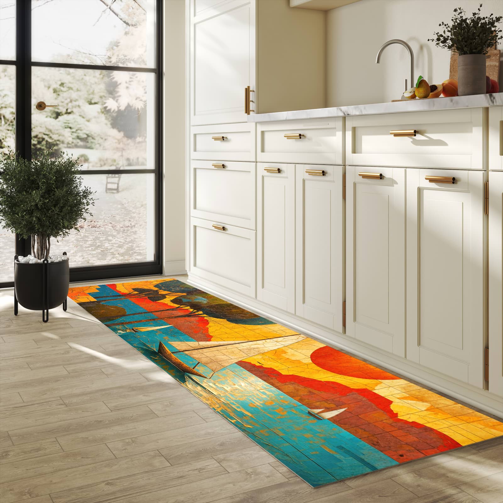 Wasserabweisender rutschfester Küchenläufer mit Motiv Segelboot im Sonnenuntergang in heller Küche