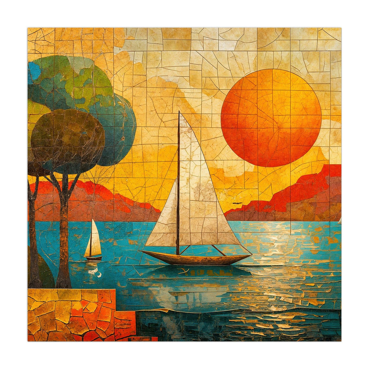 Mosaikbild aus Bruchstücken: zwei Segelboote, große orange Sonne, Bäume am Ufer