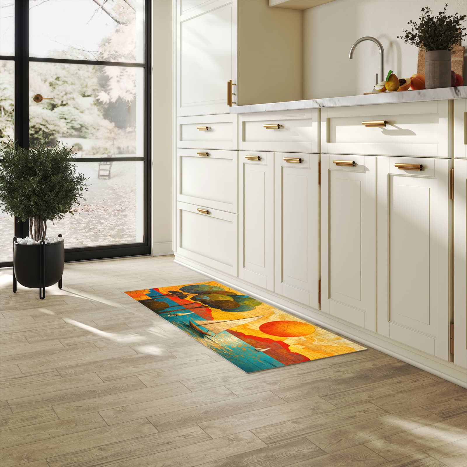 Bodenschonender waschbarer Küchenteppich mit Motiv Segelboot im Sonnenuntergang in heller Küche