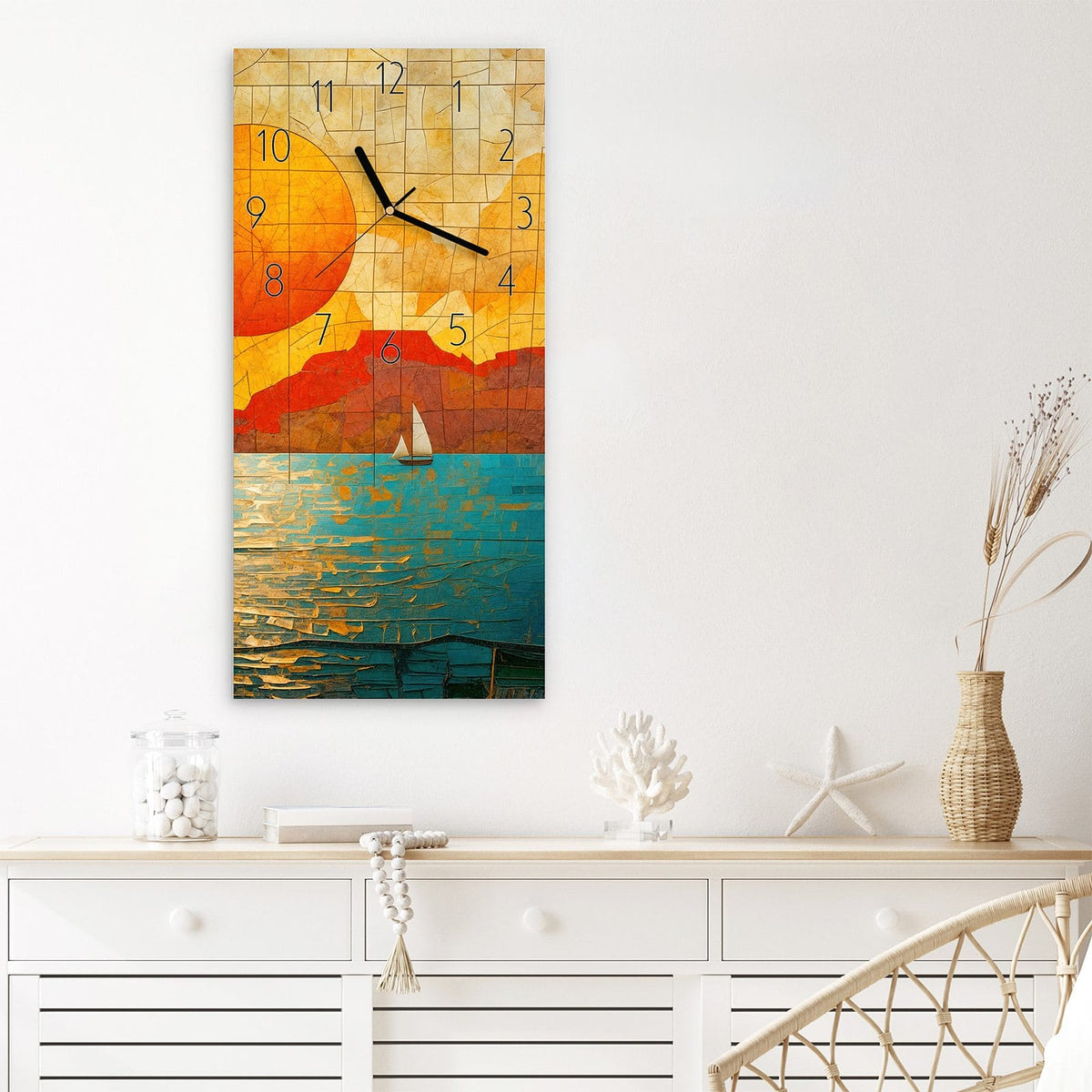 Wanduhr Segelboot im Sonnenuntergang aus Glas – Segelboote im Mosaik-Abendrot