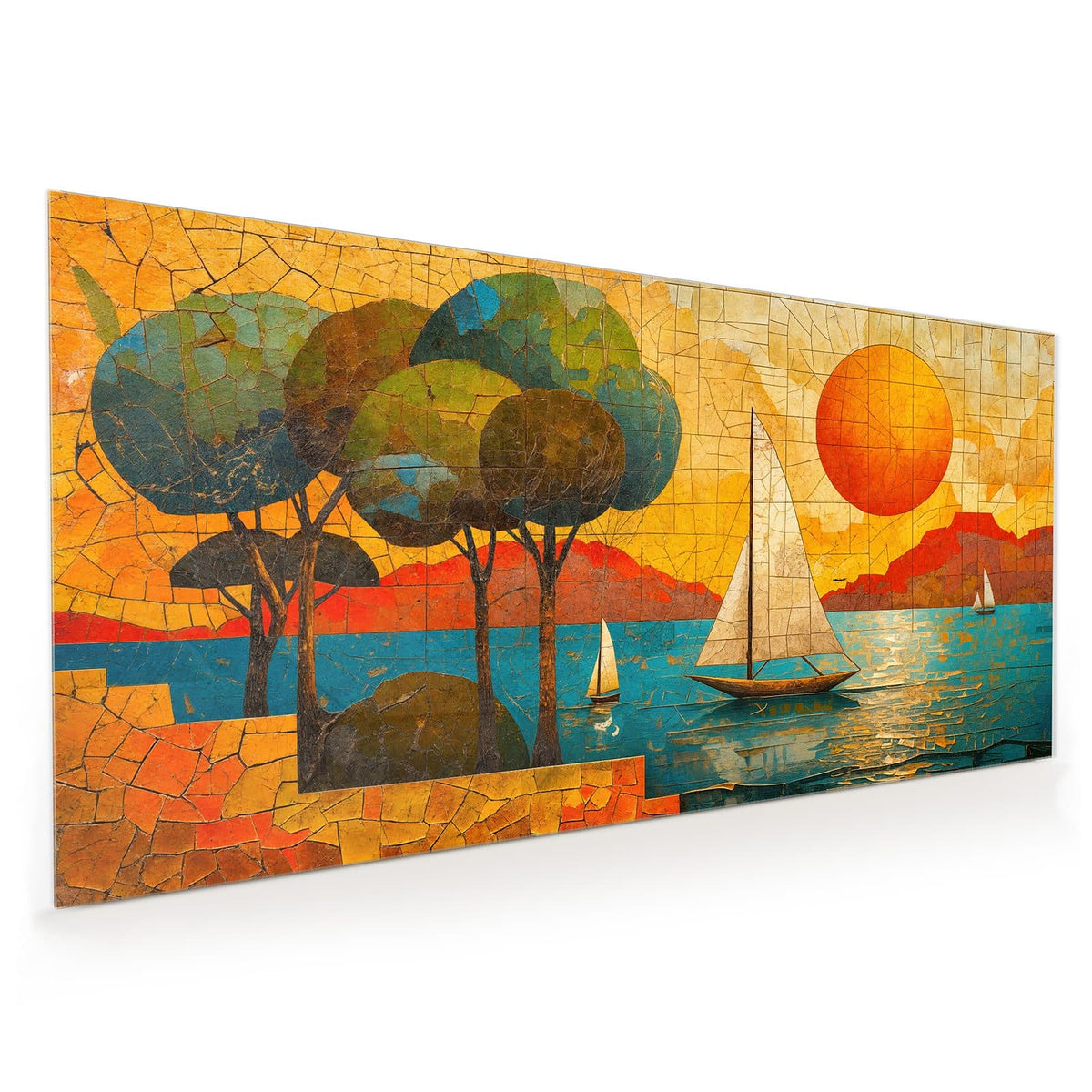 Küchenrückwand aus Glas im Hochformat: Mosaikbild aus Bruchstücken: zwei Segelboote, große orange Sonne, Bäume am Ufer