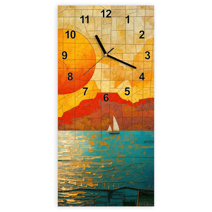 Wanduhr Segelboot im Sonnenuntergang aus Glas – Hochformat 30 × 60 cm mit Ziffernblatt Modern