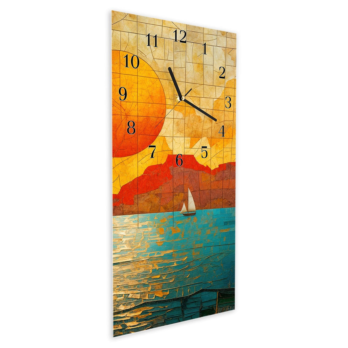 Vormontiert – mit Schwebeeffekt – Wanduhr Segelboot im Sonnenuntergang aus Glas – Hochformat 30 × 60 cm